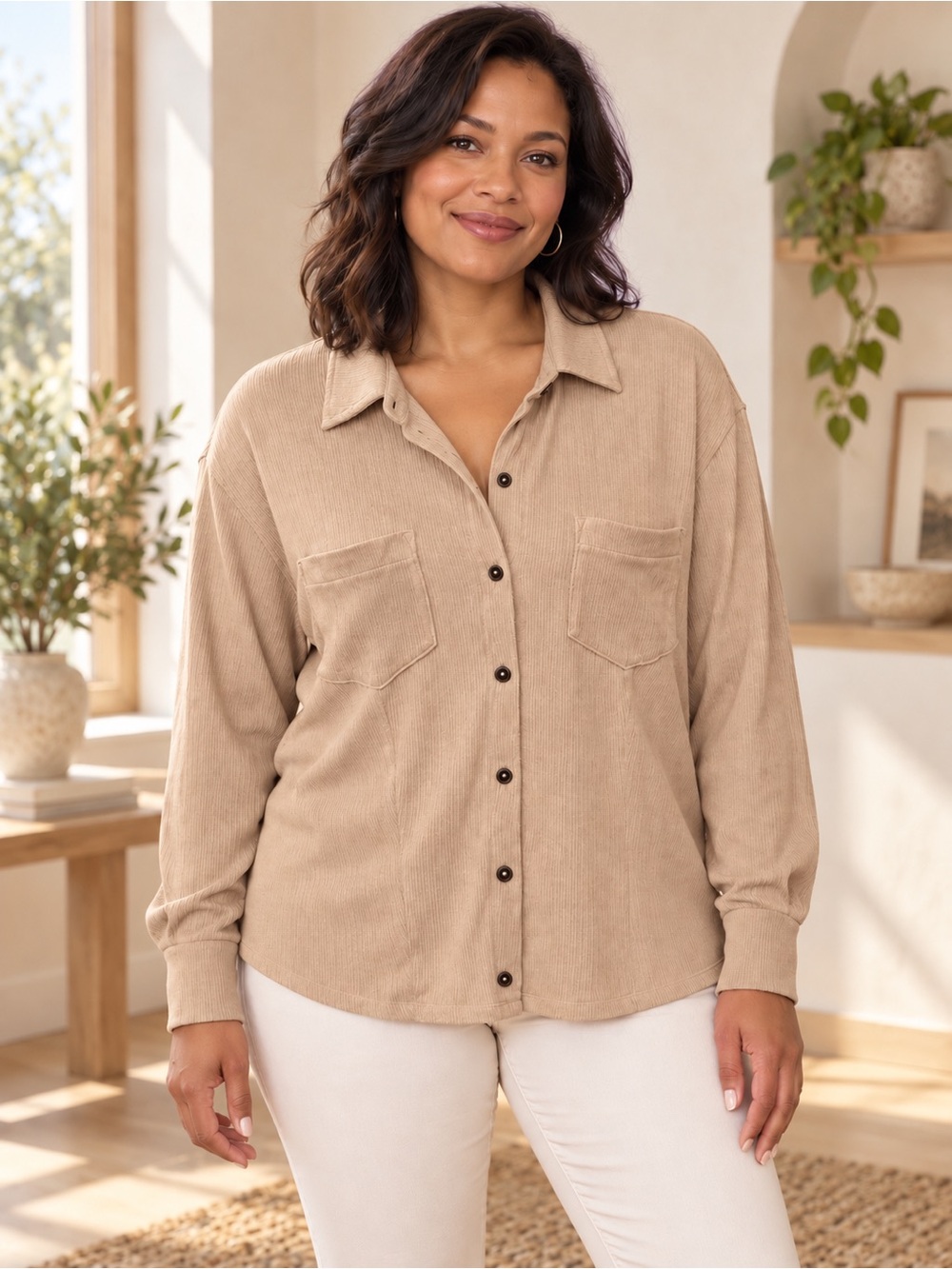 Banana Republic Tan Ribbed Button-Down Shirt